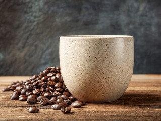 A ceramic cup standing beside a scattered pile of roasted coffee beans on a textured wooden surface against a moody dark background for a cozy breakfast scene