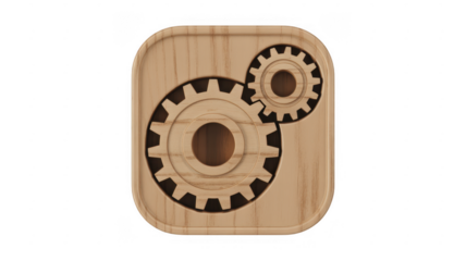 Wooden gear mechanism on a square wooden plate gears isolated on a transparent background