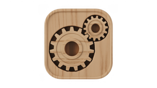 Wooden gear mechanism on a square wooden plate gears isolated on a transparent background - Powered by Adobe