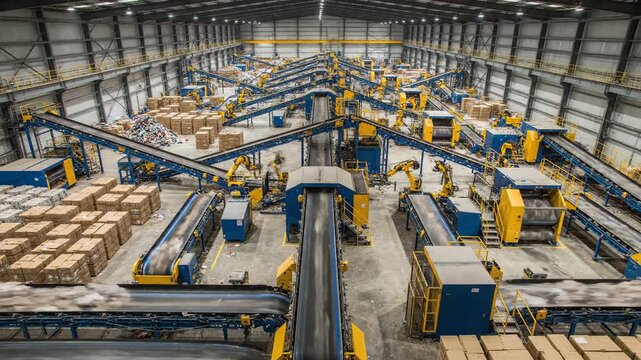 Overhead view of a large automated warehouse with a complex system of conveyor belts sorting packages.