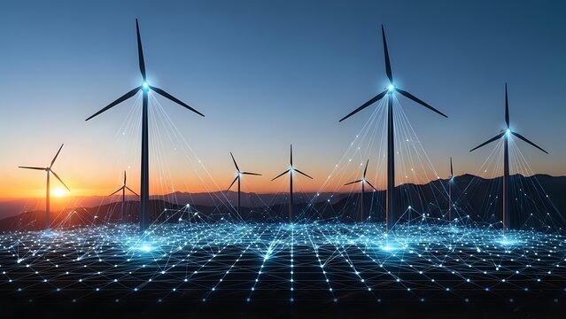 Wind turbines generating renewable energy at sunset with digital grid overlay representing smart technology integration and sustainable power solutions.