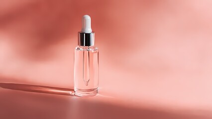 Clear Cosmetic Serum Container with Gold Cap on Refined Silk Texture Featuring Warm Peach and Pink Tones