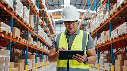 Warehouse worker using tablet for inventory management and logistics - Powered by Adobe