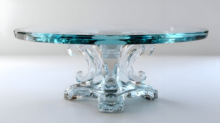 Elegant Glass Table with Aqua Blue Edge, Bubbles, and Ornate Clear Crystal Base