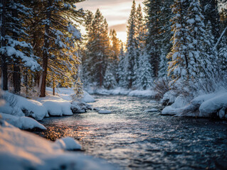 Serene winter river flowing through snow-covered pine trees at sunset with golden light reflecting on icy water and peaceful forest landscape in cold season