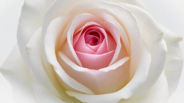 A close-up of a white rose with a pink center on a white background