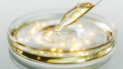 Close up of clear serum with gold shimmer floating in liquid, showcasing its luxurious texture and vibrant sparkle, ideal for beauty and skincare product promotion