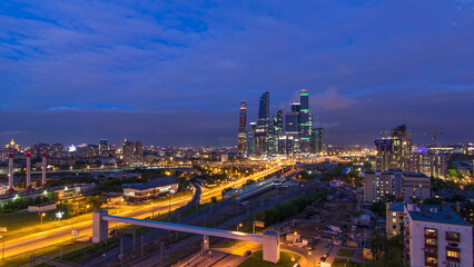 Obraz premium Business complex of skyscrapers Moscow city day to night timelapse.