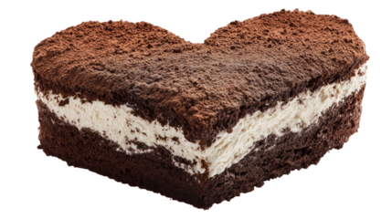 Heart shaped cake with cocoa powder and cream filling on transparent backdrop