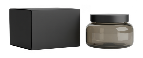 Black box and empty jar packaging isolated on a transparent background