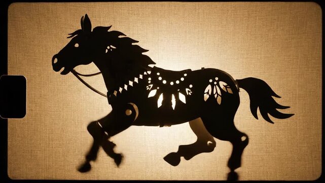 A sepia-toned vintage film frame captures an articulated chinese horse shadow puppet running, celebrating traditional culture.