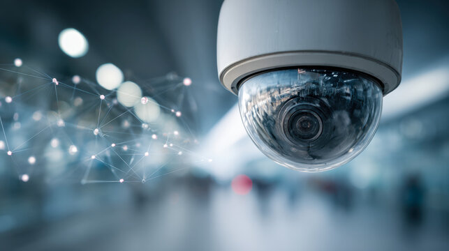 Surveillance dome camera monitoring a public space with futuristic digital network connectivity concept for security and data integration in modern technology enviro - Powered by Adobe