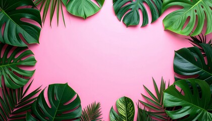 Lush, vibrant green tropical leaves framing a pastel pink background, creating a border