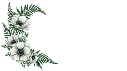 Minimal luxury watercolor floral frame corner with anemones and ferns in deep emerald green isolated on white background