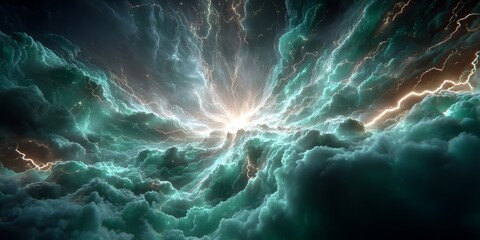 Naklejka premium Dramatic lightning storm inside turbulent teal clouds