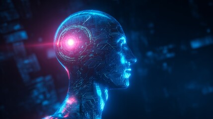 Obraz premium Futuristic humanoid AI robot with illuminated brain chip