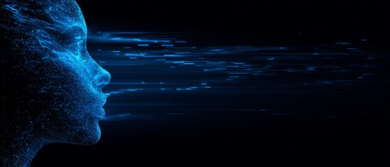 Digital human face with flowing data lines on dark background