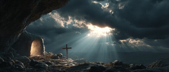 Empty tomb and cross with divine light from clouds