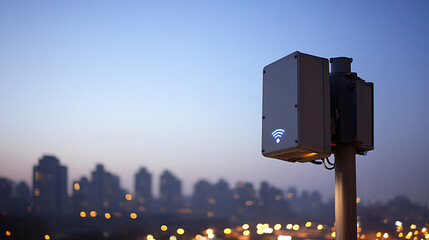 A communication hub with a city skyline backdrop, captures the essence of urban connectivity. Its modern design is emphasized by soft evening light. Signals of progress.