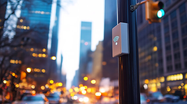 Captured on a bustling city street, a compact Wi-Fi access point is affixed to a lamppost, offering connectivity amidst urban life. The golden lights are a background.