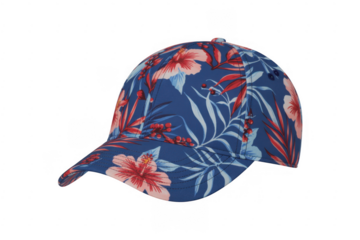 Blue baseball cap with floral pattern tropical flowers isolated on a transparent background