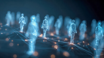 Futuristic digital network with glowing human figures representing data connections and virtual interaction in a high-tech environment with blue tones