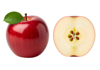 Whole red apple with leaf and cross section isolated, realistic fresh fruit illustration showing seeds and juicy interior