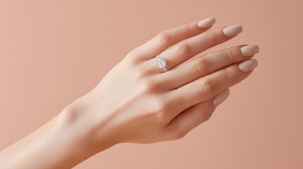 Fototapeta premium Woman's hand displays elegant diamond ring on pink background in studio