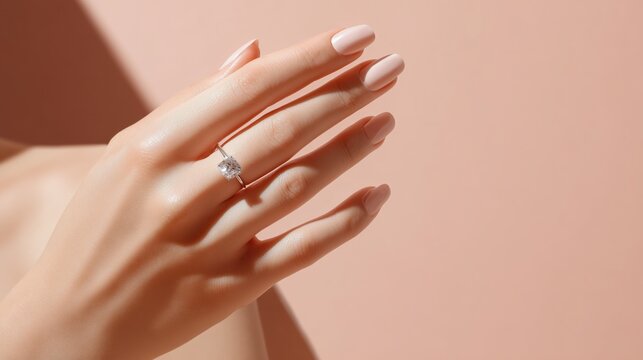 A woman's hand displays her diamond ring on a peach background in studio.