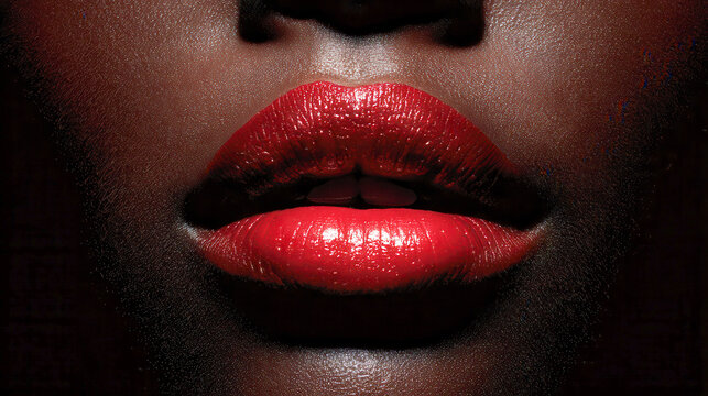 Sensual glossy red lips with perfectly blended lipstick on dark skin showcasing bold and elegant makeup artistry focused on texture and shine in a dramatic light set