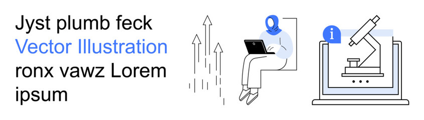 Obraz premium Technology, research, growth, education, innovation, digital learning. A person using a laptop, growth arrows microscope on screen. Technology and research concepts