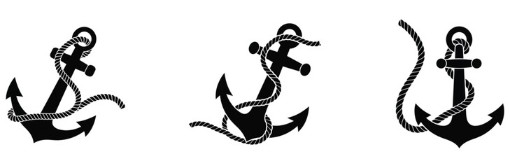 Set of nautical anchor icons with rope details in black
