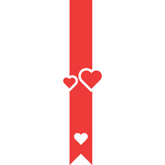 Vertical Red Ribbon with Three Heart Symbols Including Intertwined Hearts and a Small Heart on White Background