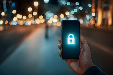 Person holding a smartphone with a glowing digital lock icon on the screen symbolizing online security and data protection on a blurred city street at night