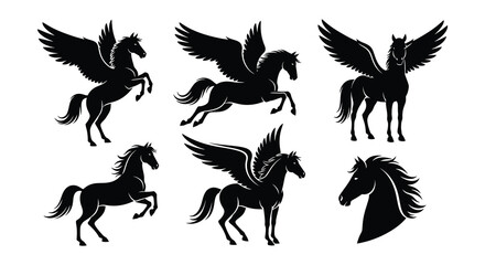 Obraz premium Silhouette illustrations of pegasus horses with wings in different poses