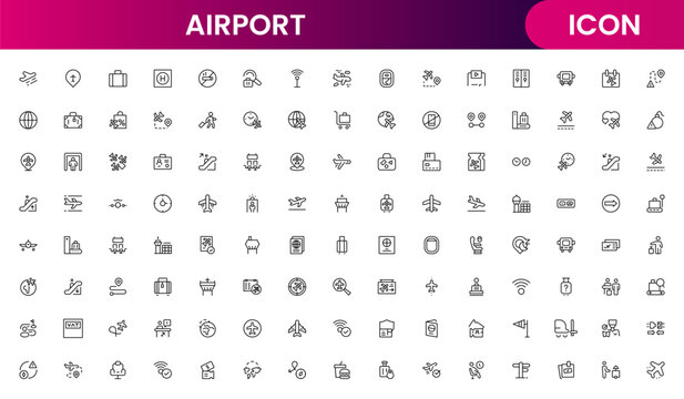 Airport icon set aviation travel transport terminal flight plane UI symbols flat vector modern minimal design
