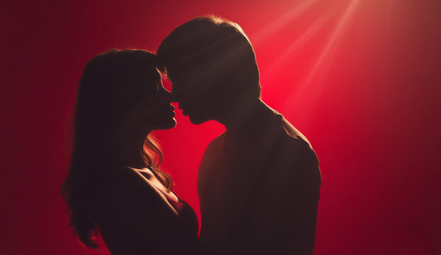 Couple embracing in romantic silhouette with red background light