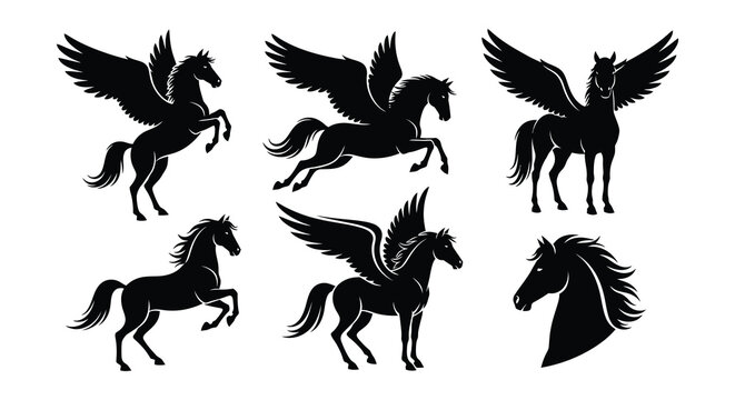 Silhouette illustrations of pegasus horses with wings in different poses