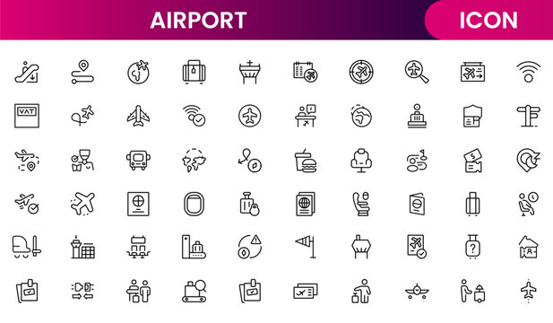 Airport icon set aviation travel transport terminal flight plane UI symbols flat vector modern minimal design