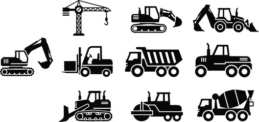 Construction machinery and heavy equipment icon set featuring crane, excavator, bulldozer, forklift, dump truck, and concrete mixer for building and industrial concepts © Mst