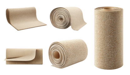 set of beige carpet rolls on white background