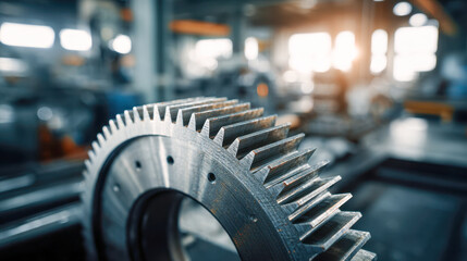 Detailed view of a large industrial metal gear wheel with sharp teeth in a factory workshop setting showcasing machinery and engineering components in soft focus bac