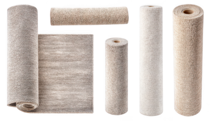 set of beige carpet rolls on white background