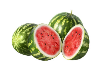 Fresh whole watermelon and cut in half with juicy red pulp and black seeds. Isolated on transparent background, perfect for design, food concepts, summer themes and healthy nutrition ideas.