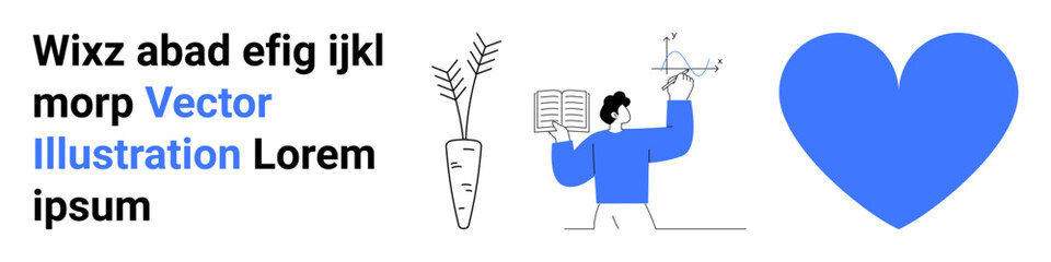 Education, creativity, design, love, analysis, learning. A potted plant, blue heart and a person holding a book and compass in a minimalist design. Education and creativity concept