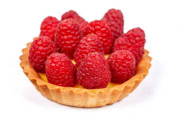 Delicious Alina tart with raspberries on a white background ready to be enjoyed