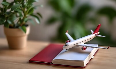 Toy airplane sits on open red book, potted plant on wooden table