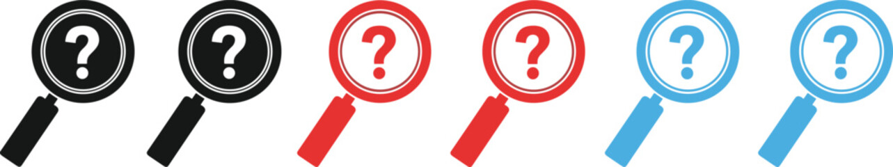 Magnifying glass with question mark icon set in black, red, and blue colors, symbolizing search, inquiry, investigation, analysis, and problem solving concepts