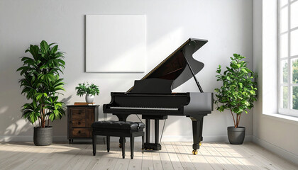 Black grand piano with plants and wooden cabinet in sunlit room with blank canvas Keywords: grand piano, black piano