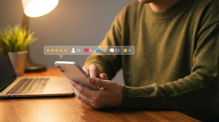 User holding mobile phone to check five star feedback and social media engagement metrics including likes and comments for digital marketing strategy and brand reputation